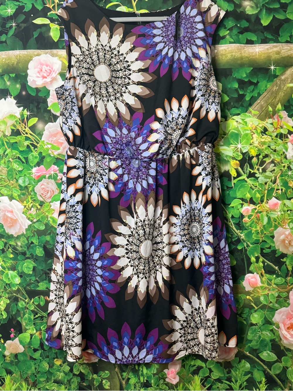 Lux Black Mini Dress with Purple and Brown Floral Medallions